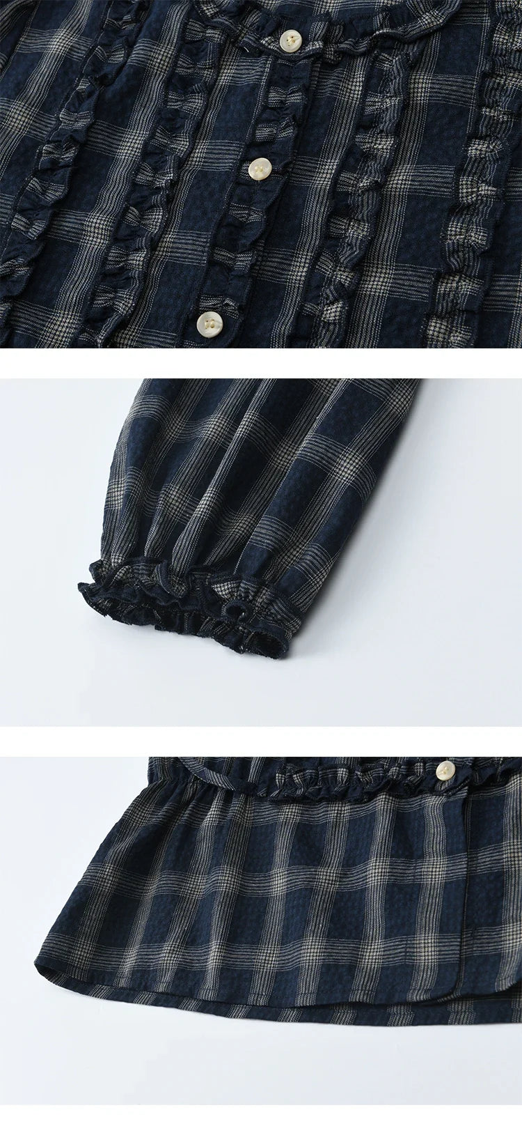 Women's Vintage Blue Plaid Shirt 2025 Autumn New Elegant Luxury Loose Waist Shirts Round Neck Long Sleeved Top MXE45X2480