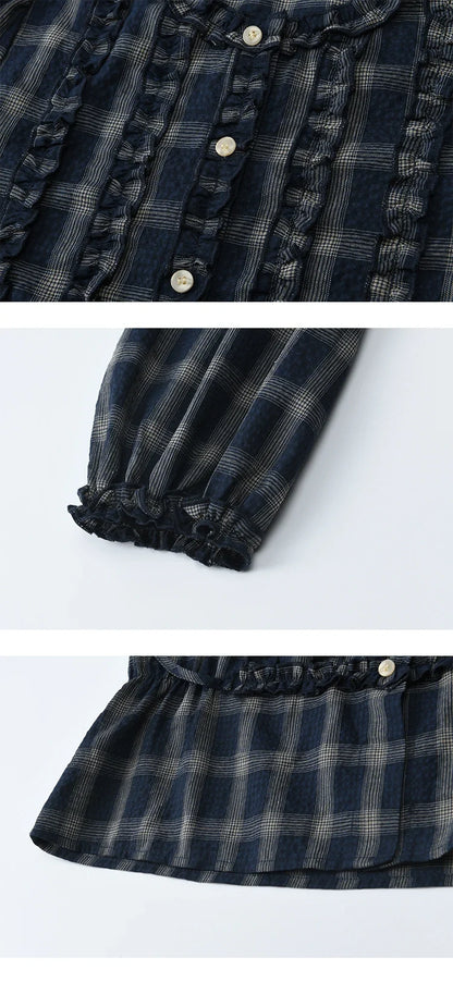 Women's Vintage Blue Plaid Shirt 2025 Autumn New Elegant Luxury Loose Waist Shirts Round Neck Long Sleeved Top MXE45X2480