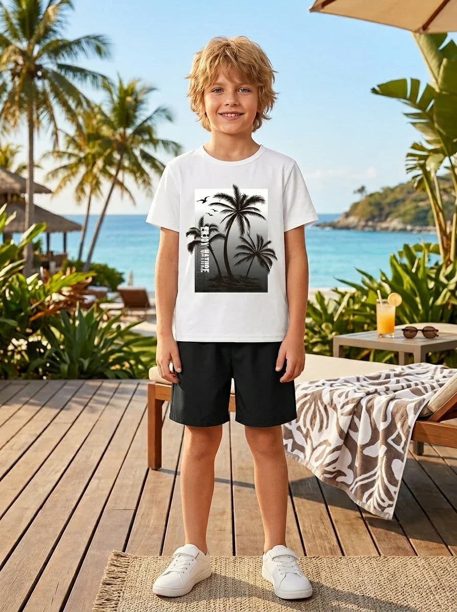 Summer Big Kids 2pcs Set Hawaii Beach Coconut Tree Letter Print Knitted Loose Short Sleeve with Workwear Shorts Ensemble