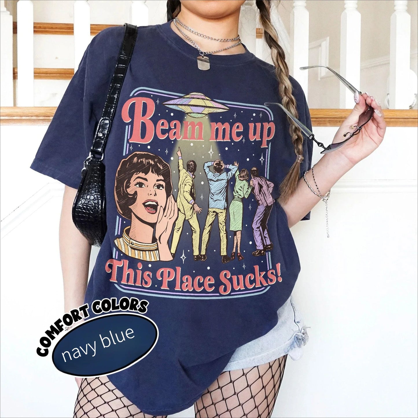 Fun Slogan 'Beam Me Up This Place Sucks' Retro UFO Crowd Print Funny Sci-fi Style' Loose Short Sleeved Women's T-shirt