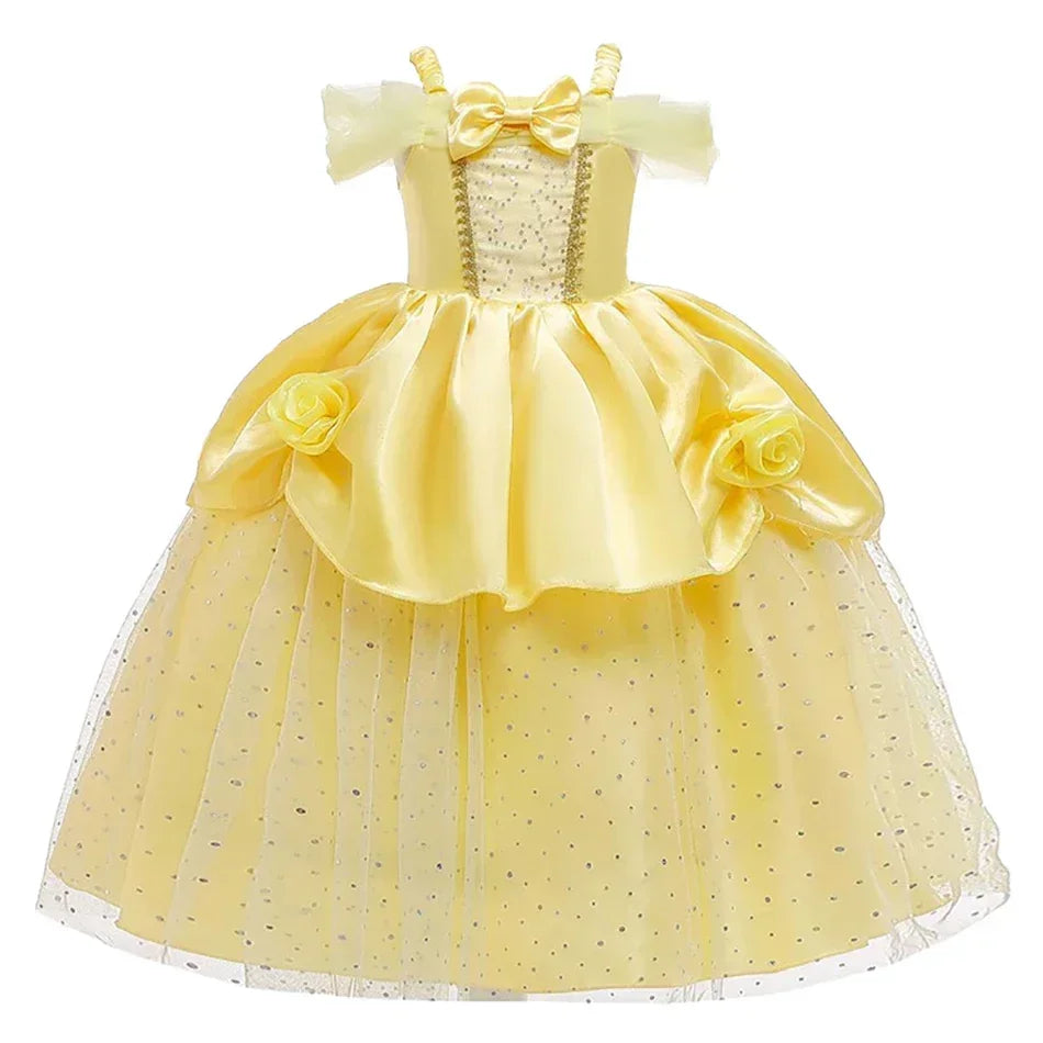 Girls Belle Cosplay Costumes Girls Dresses for Beauty Kids Party Clothing Magic Stick Crown Children Yellow Dress and The Beast