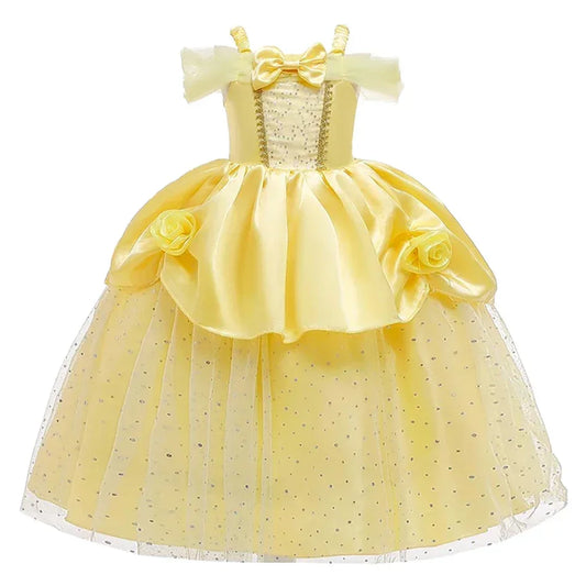 Girls Belle Cosplay Costumes Girls Dresses for Beauty Kids Party Clothing Magic Stick Crown Children Yellow Dress and The Beast