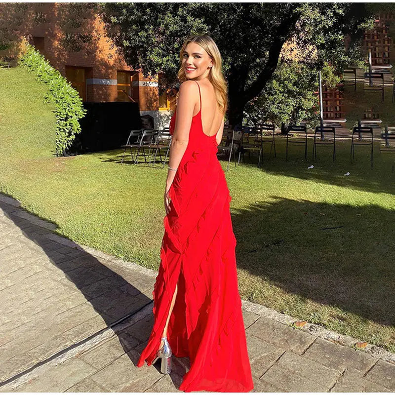 2024 Summer Fashion New Elegant Women's Sexy Chiffon Vacation Style Sling Dress with Ruffle Edge Style Long Dress