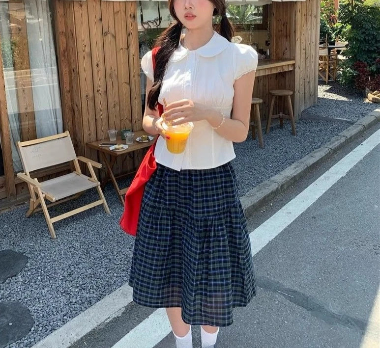 Sweet Vintage Plaid Striped Print Skirt Women High Waist Pleated Korean Style Skirt Korean Fashion Cute Skirt Woman