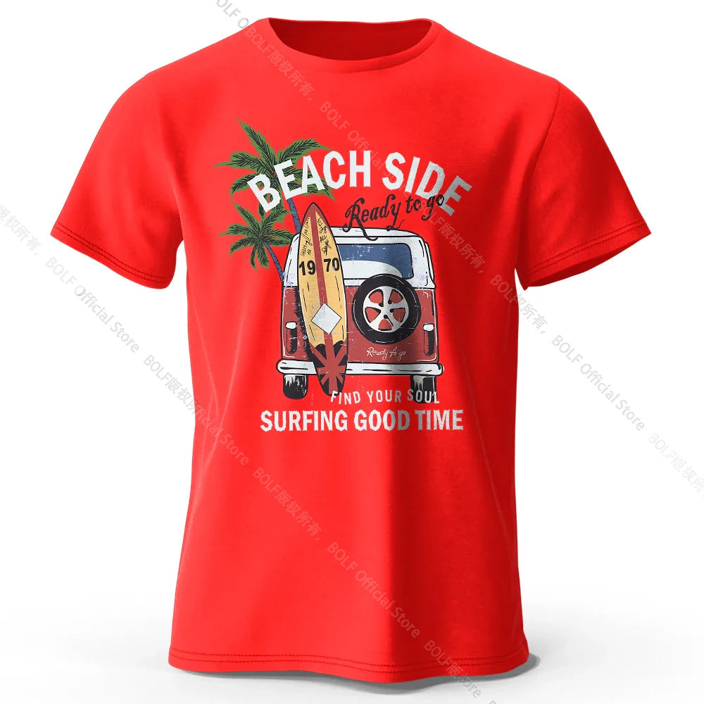 Vintage Surf Badge Printed Unisex Men Women T-Shirt Tees Tops 100% Cotton Retro Wave Graphic Beach Club Wear