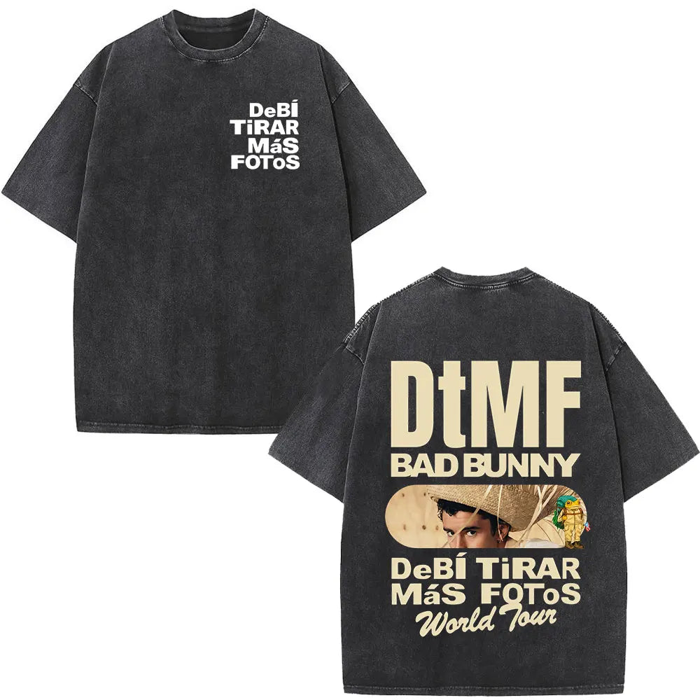 Rapper Bad Bunny Washed Vintage T-shirt Debi Tirar Mas Fotos DTMF World Tour T Shirts Men's Fashion Hip Hop T-shirts Streetwear