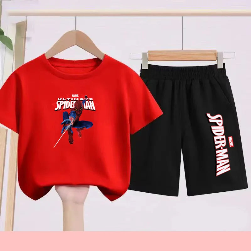 2026 Children's Sports Outfit with Spider Pattern Cartoon Print - T-shirt + Shorts Set, Suitable for Children Aged 3 To 13.