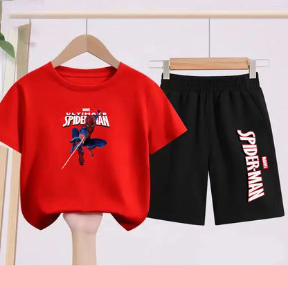 2026 Children's Sports Outfit with Spider Pattern Cartoon Print - T-shirt + Shorts Set, Suitable for Children Aged 3 To 13.