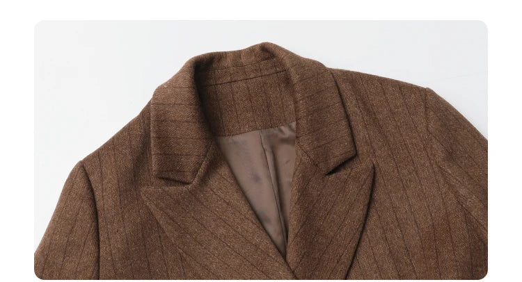 Women Woolen Blazer Loose Vintage V Neck Female Jacket Suit Double Breasted Office Ladies Coat Spring Autumn 2025