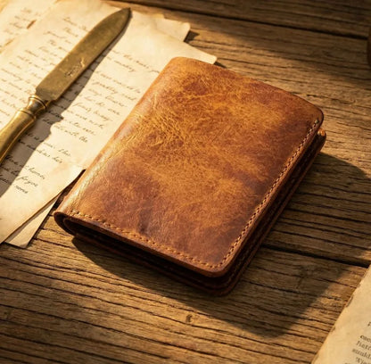 Ultra-Durable Men's Leather Short Wallet, Scratch-Resistant Hand-Rubbed Top Grain Leather Card Holder, Minimalist Travel Wallet