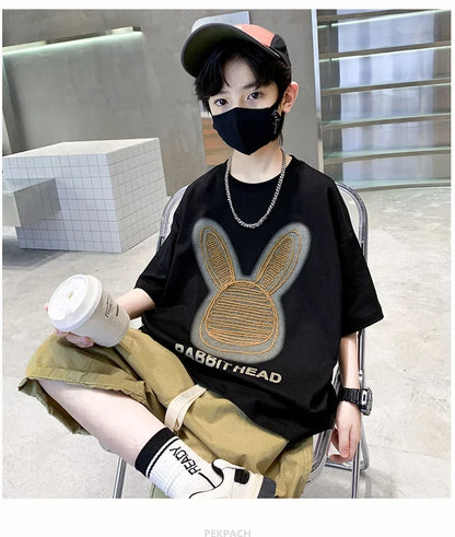 Cartoon Rabbit Boys Summer Clothing Two Piece Set Outfits Short Sleeved T-shirt Shorts Tracksuits Kids Children Casual Costumes