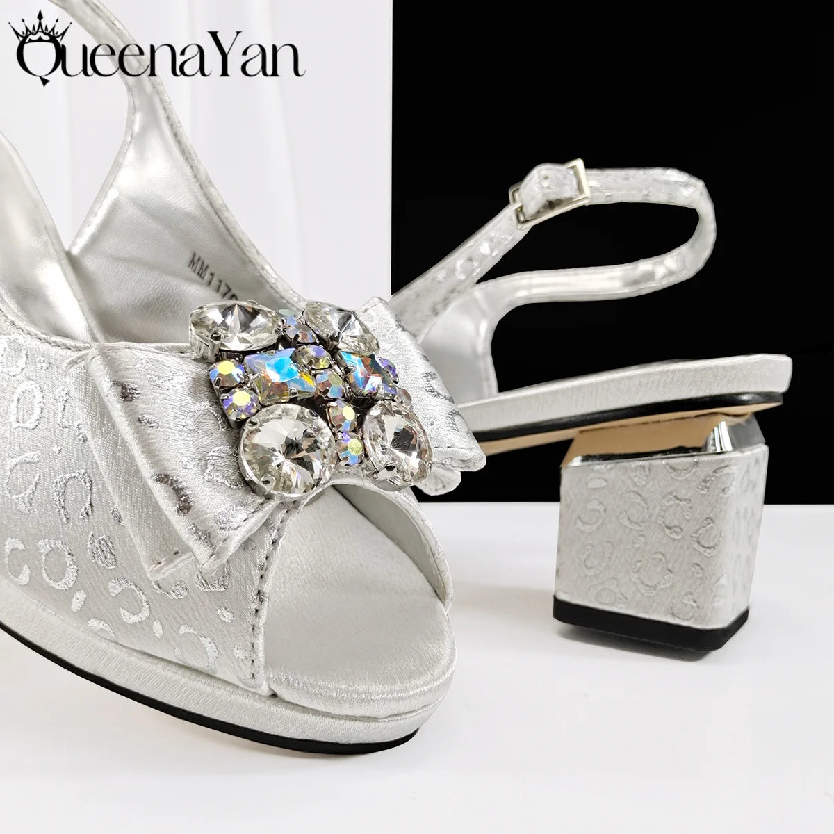 Queena Yan  2025 Shiny Italian Fashion Pointed Toe Women Heel Fashion Rhinestone Decoration Pink Color Shoes And Bag Set