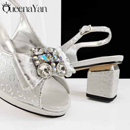 Queena Yan  2025 Shiny Italian Fashion Pointed Toe Women Heel Fashion Rhinestone Decoration Pink Color Shoes And Bag Set