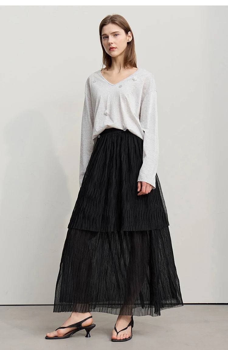 Long Skirt 2026 Spring New Casual Vacation Waist Pleated Mesh Long Skirt Women Loose Solid Versatile Woman Clothes 12621001