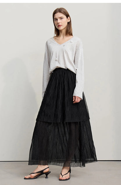 Long Skirt 2026 Spring New Casual Vacation Waist Pleated Mesh Long Skirt Women Loose Solid Versatile Woman Clothes 12621001
