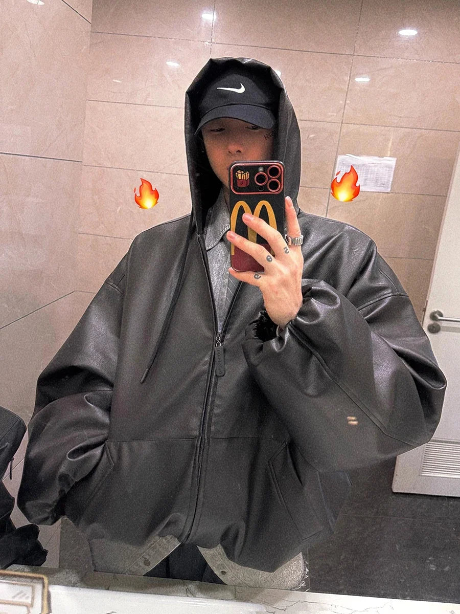 Spring Autumn Short Oversized Black Soft Pu Leather Jacket Men with Hood Zipper Loose Casual Korean Fashion Clothes