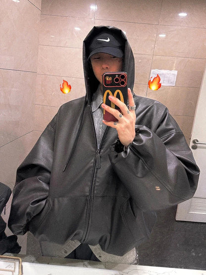 Spring Autumn Short Oversized Black Soft Pu Leather Jacket Men with Hood Zipper Loose Casual Korean Fashion Clothes