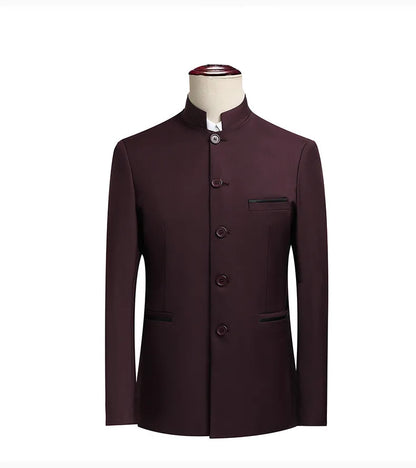 2026 New Men's Stand Collar Long Sleeve Suit Jacket, Asian Size Chinese-Style Slim-Fit Blazer in Dark Blue/Red/Grey/Black/White