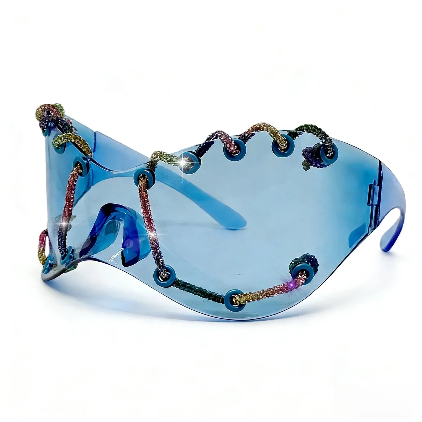 Women's Exaggerated Oversized One-Piece Rhinestone Chain Sunglasses Y2K Retro Futuristic Fashion Silver Goggles Shades for Party