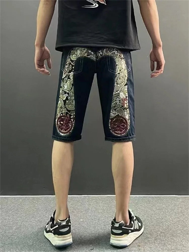 Men Embroidery Denim Shorts Black Hiphop Jeans Pants Cherry Blossom Dragon Totem Washed Zipper Cotton Summer cherry blossoms 024