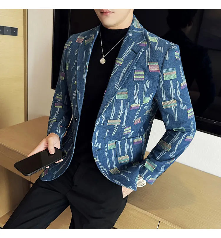 2025 New Luxury Denim Jacquard Suit Coats Men Fashion Slim Fit Suit Casual Business Party Coat Uniform Wedding Social Tailcoat