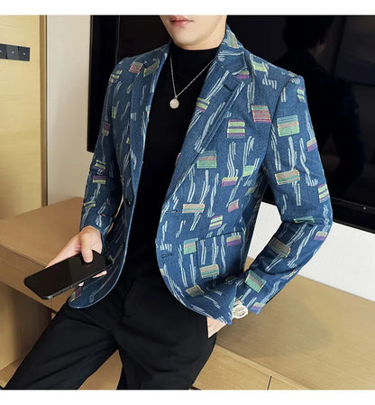 2025 New Luxury Denim Jacquard Suit Coats Men Fashion Slim Fit Suit Casual Business Party Coat Uniform Wedding Social Tailcoat