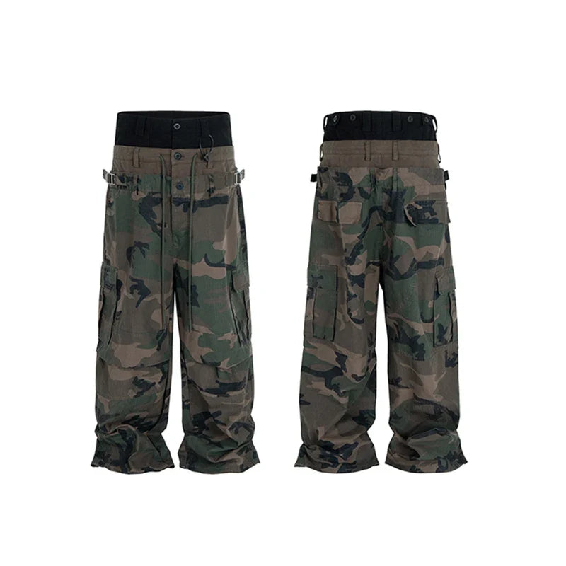 Double-layer Double Waist Patchwork Baggy Jeans for Men and Women Straight Casual Loose Denim Trousers Oversized