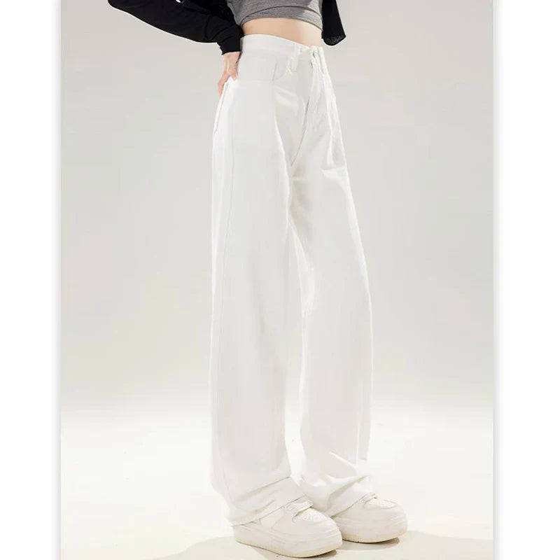 Lady Korean Fashion High Waist Jeans Pants Women Loose Fit Denim Trousers Girls White Casual Straight Leg Pants
