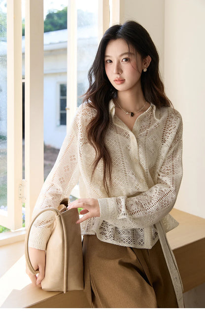Women's Hollow-out Lace Shirt Camisole Set 2026 Spring Lapel Drawstring Waist Sheer Casual Two-Piece Knitwear MXF108C0816