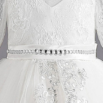 Long Sleeve Baptism Bridesmaids Party Girl Dresses Tulle Wedding Costumes Elegant Flower Princess Dress Girls Birthday Prom Gown