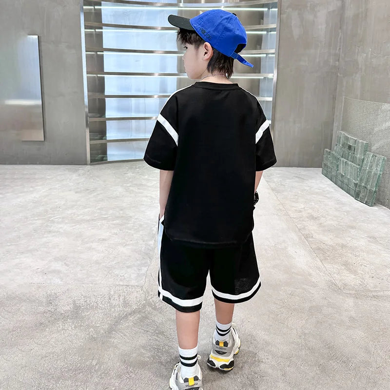 2025 Kids Summer Clothing Boys Top and Bottom Set Beige Black Color T-shirt Shorts 2PCS Tracksuit Set Teens Child Casual Outfit