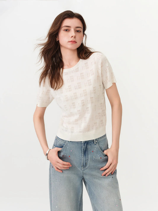 2026 Summer Women's Textured Cut-out Round Neck Short Sleeve Knit Top Soft Lightweight Breathable Blouse Elegant Style