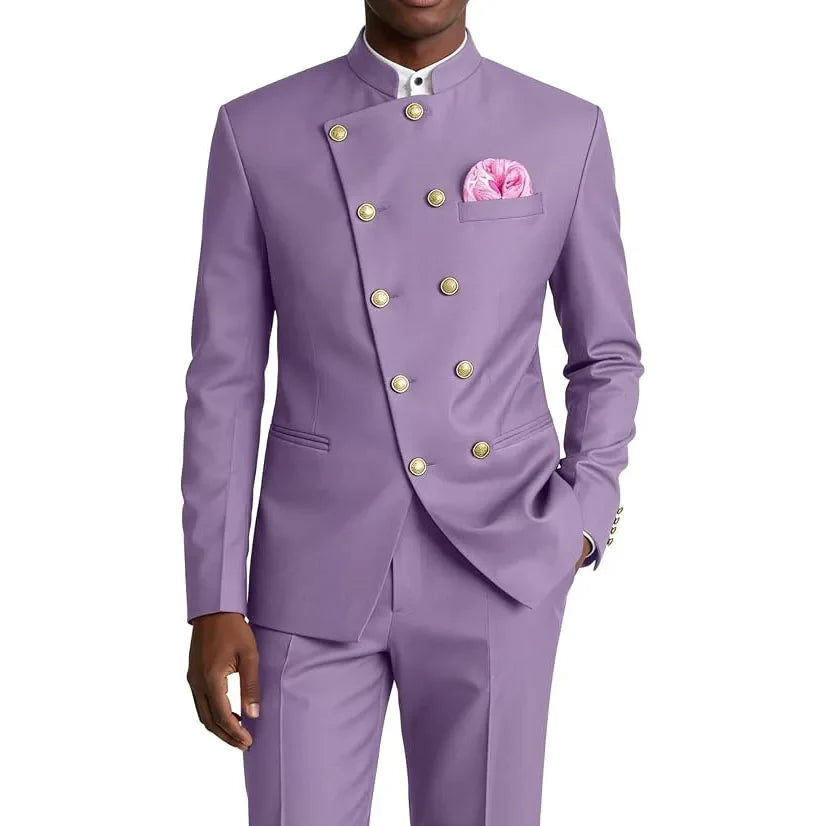 Men's Chinese Style Suit 2 Piece Brown Mandarin Collar Double Breasted With Gold Buttons Formal Jacket Pants For Business Weddin