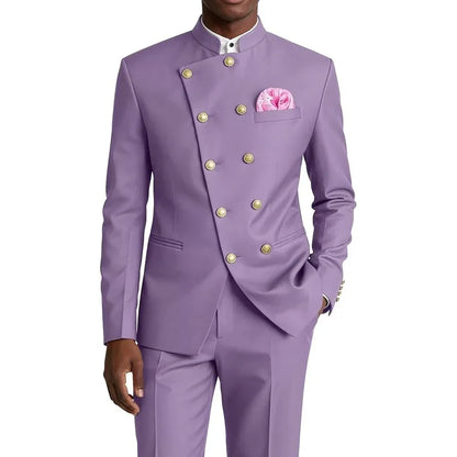 Men's Chinese Style Suit 2 Piece Brown Mandarin Collar Double Breasted With Gold Buttons Formal Jacket Pants For Business Weddin