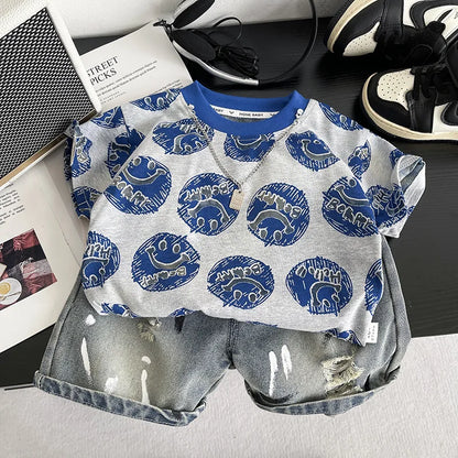 New Toddler Summer Baby Boys Clothes Children Circular Smiley Face T-Shirt +Denim Shorts 2Pcs/Set Infant Kids Fashion Tracksuits