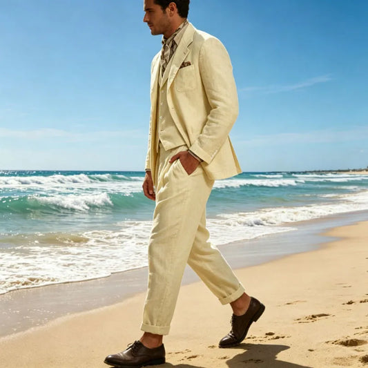 Italian Style Men's Linen 3 Piece Set Notch Lapel 2 buttons Blazer+Vest+Pants Breathable Lightweight Summer Casual Business Suit