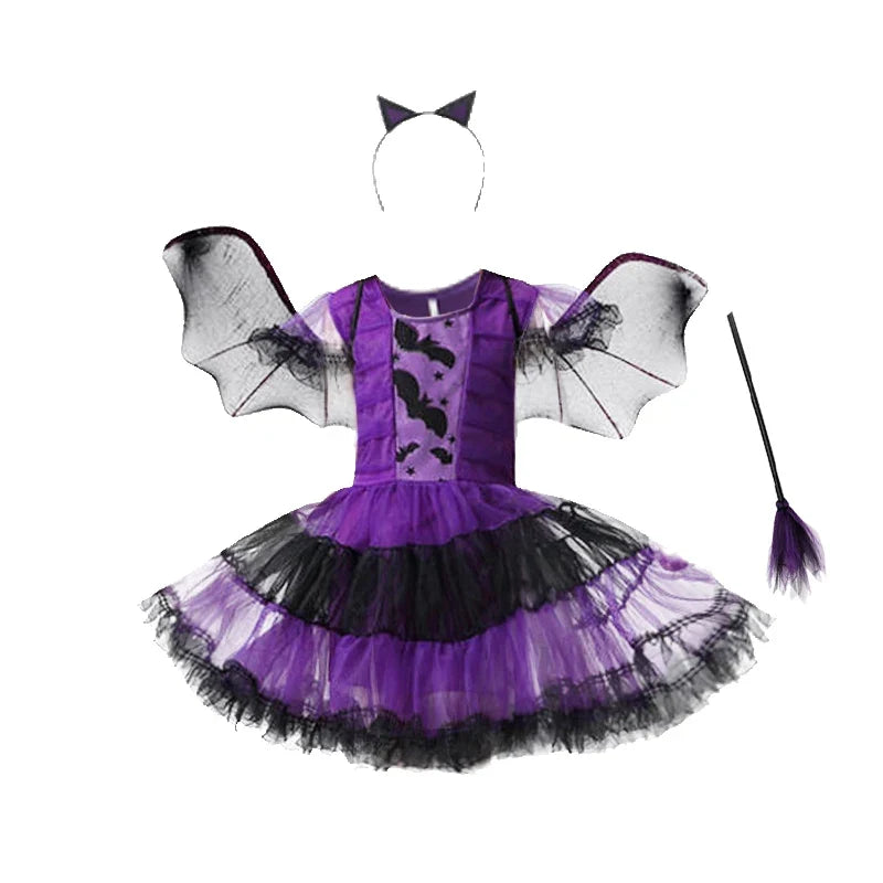 Halloween Costume for Kids Girls Purple Bat Dress Halloween Fantasy Vampire Costume Witch Cosplay Clothes Carnival Party Gifts