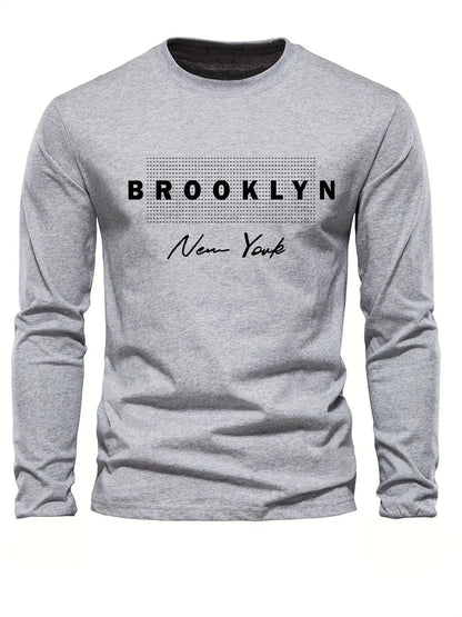 Men's 100% pure cotton loose and comfortable casual sports Brooklyn New York letter printed round neck long sleeved T-shirt top