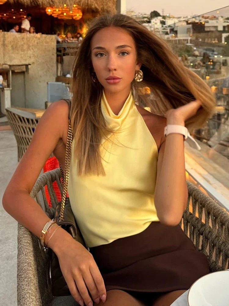 Spring Elegant Women Satin Halter Tops 2026 Summer Backless Off Shoulder Corset Vest Female Fashion Slim Crop Tank Top