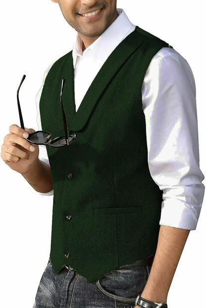Men's Casual Suit Vest Shawl Lapel Wool Tweed Herringbone Dress Waistcoat for Wedding Party Dinner Herringbone Vests