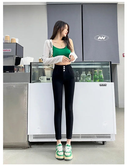New Women's High Waist Stretch Jeans Blue Black Gray Fashionable and Versatile Multi-button Popular Slim Denim Long Pants Female