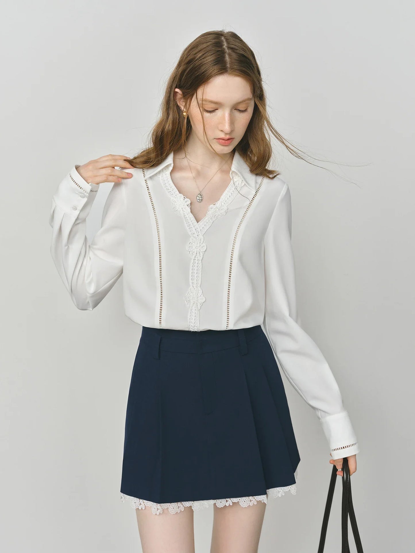 Summer 2025 Heavy Embroidery Blouse - Lace Panel Long Sleeve Relaxed Fit Women's Casual Top
