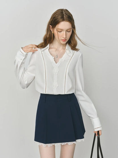 Summer 2025 Heavy Embroidery Blouse - Lace Panel Long Sleeve Relaxed Fit Women's Casual Top