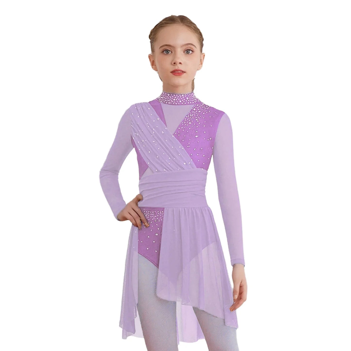 Kids Girls Gymnastics Figure Skating Ballet Lyrical Dance Costume Dress Side Split Sheer Mesh Ruched Glittery Rhinestones Dress