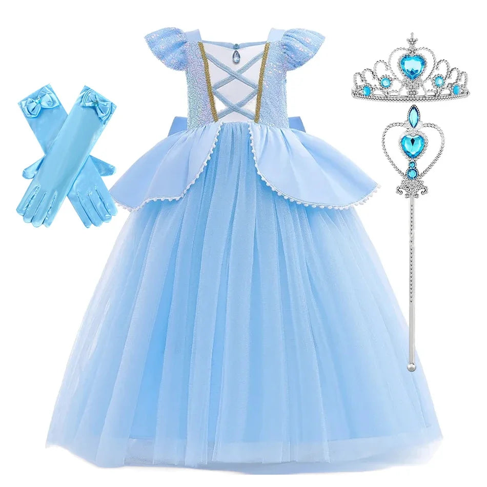 Summer Kids Cinderalla Princess Cosplay Costume Clothes Girls Sequins Dress with Crown Gloves Birthday Party Ball Gown 2-10 Y