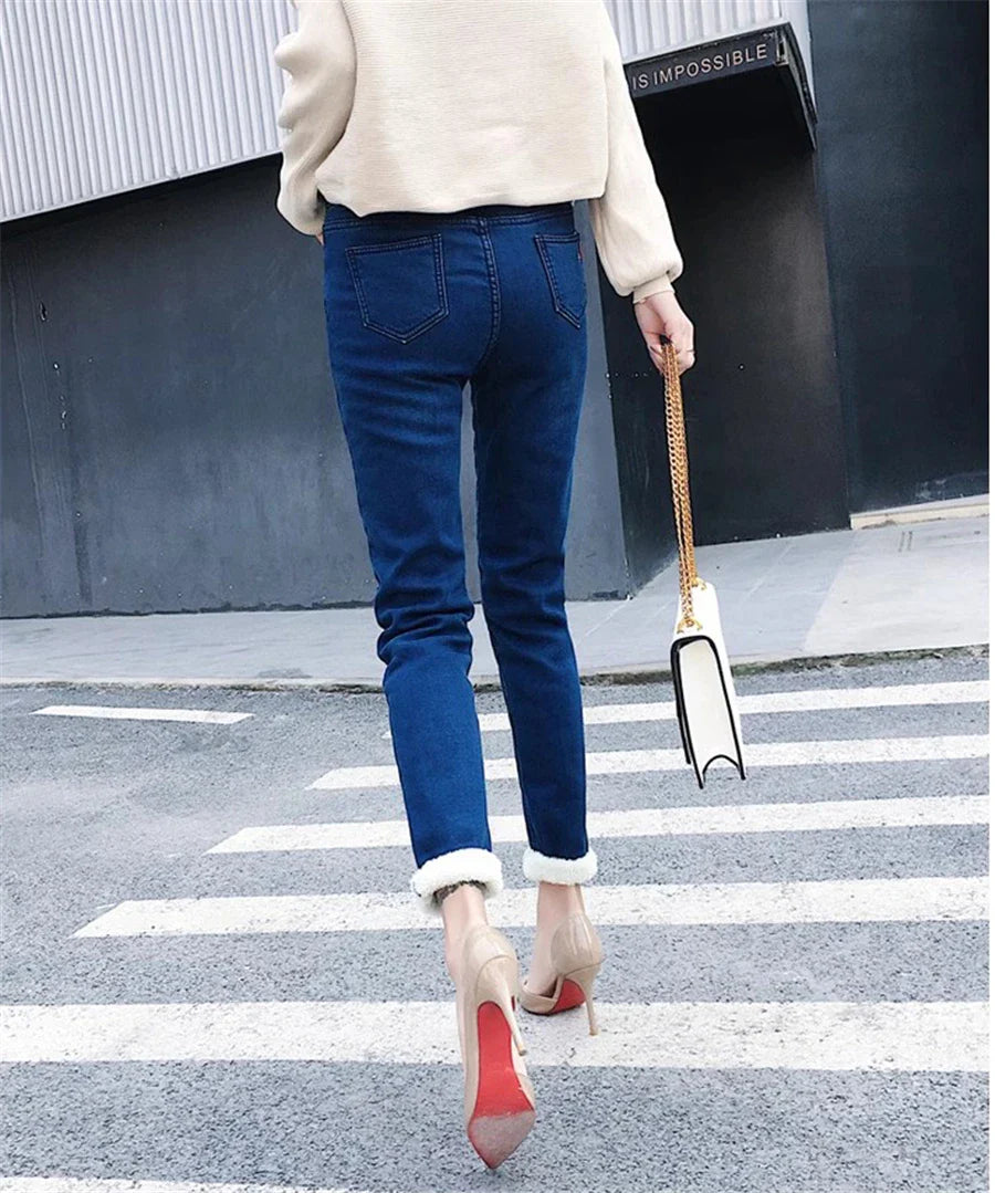 Winter Pencil Jeans Women Thicken Lamb Fluff Skinny Denim Pants High Waist Warm Lambwool Lined Stretch Vaqueros Big Size 34 Jean