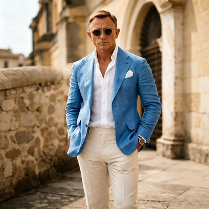Sage Green 2 Pieces Men Suits Summer Lightweight Linen Slim Fit Casual Wedding Prom Party Blazer Jacket & Pants Set Breathable