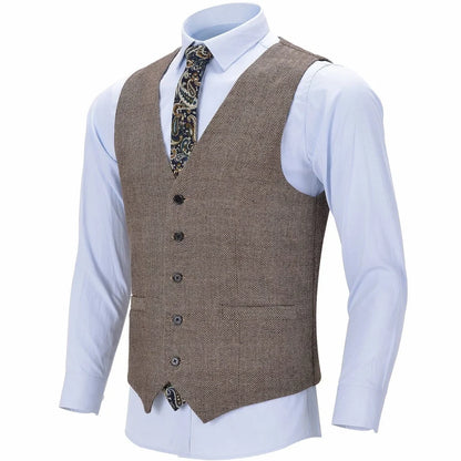 Men Vest Brown Herringbone Single Button V Neck Solid Waistcoat For Business Banquet Work Casual Daily Men Suit Vest