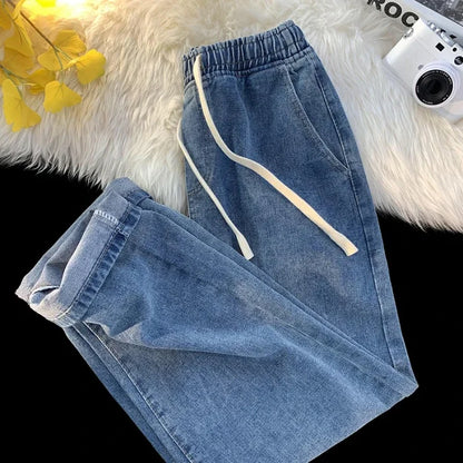 Casual Jeans Men's Baggy Straight Elastic Waist Drawstring Korea Fashion Male Vintage Denim Trousers Streetwear 3XL