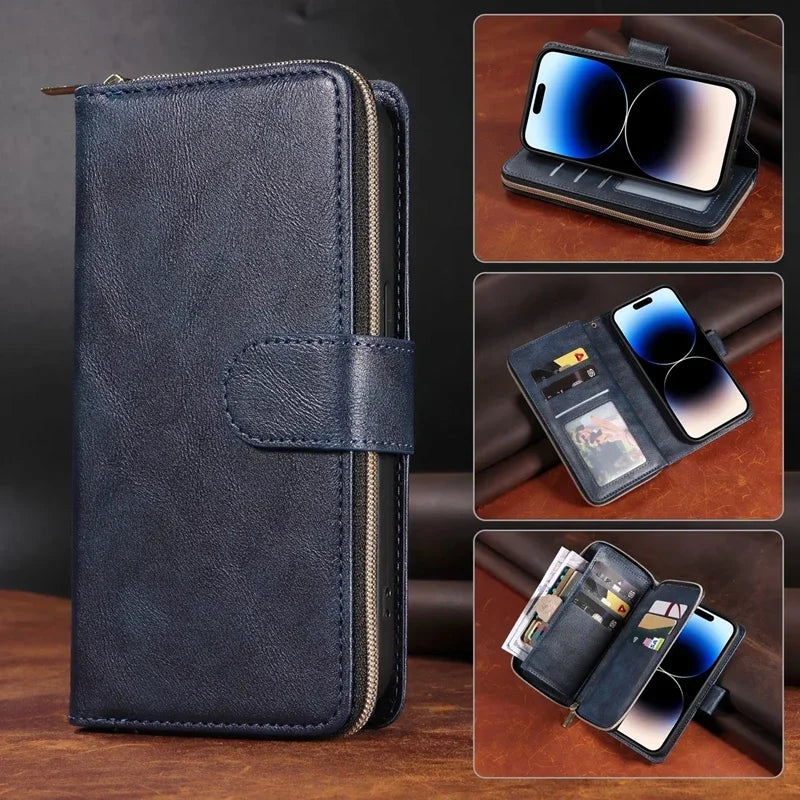 Double Layer Zipper Wallet Case with 9 Card Slots for iPhone 16 16E Pro Max 15 14 Plus13 12 Pro Max PU Leather Flip Cover